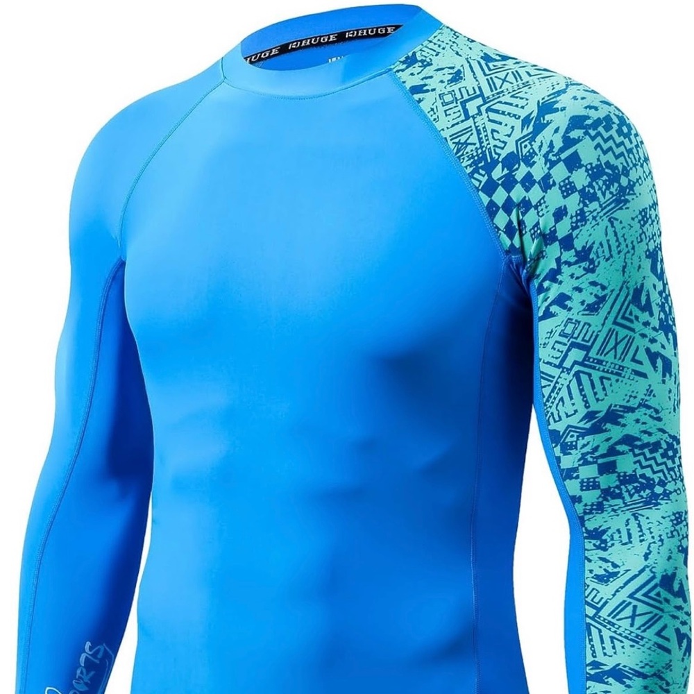 Huge Sports Men Large Splice UV Sun Protection‎ UPF 50+ Skins Rash Guard LS Blue